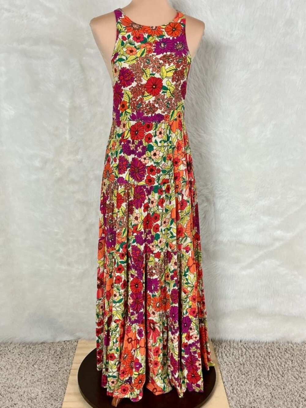 Natural Life Halle Fuchsia Floral Printed Halter Open Back Maxi Dress NWOT S